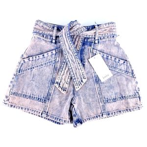 Joie Edana Belted Acid-Wash Cotton Denim Shorts NWT